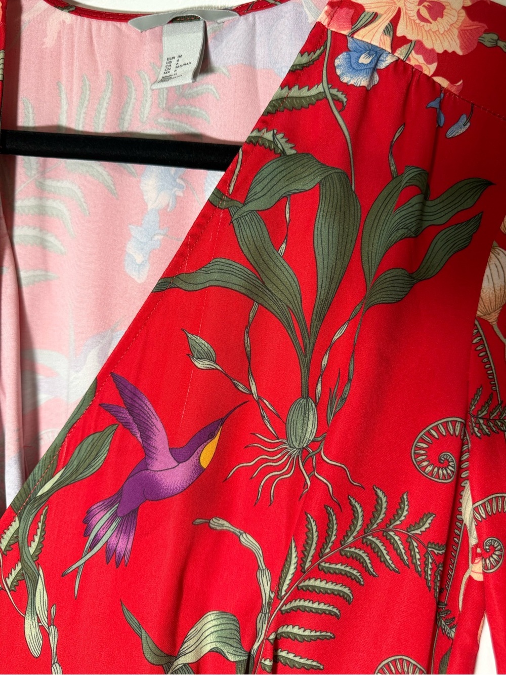 H&M Tropical Red Floral Midi True Wrap Dress Long Sleeves Women’s Size 6 - Picture 9 of 16